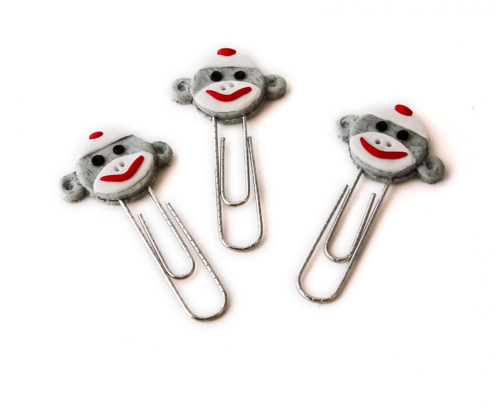 Gray Sock Monkey Face PaperClip Bookmarks Set of 3 Handmade in Polymer Clay