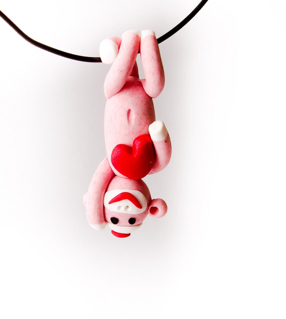 Pink Valentine's Day Sock Monkey Pendant Upside-Down with Heart