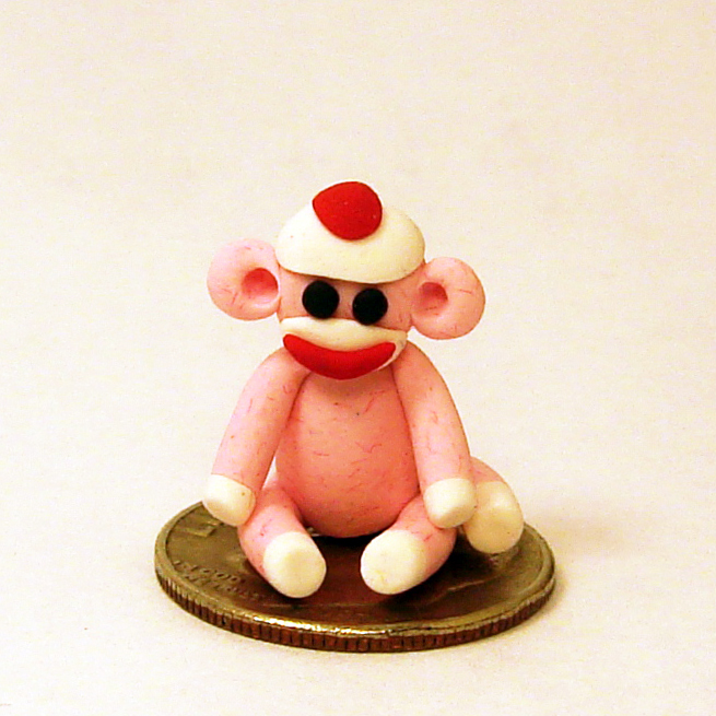 Micro Mini Pink Sock Monkey SMALLER THAN A DIME in Polymer Clay