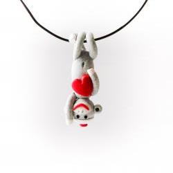 Grey Sock Monkey Pendant Swinging Upside Down holding a Valentine's Day Heart 