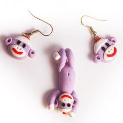 Lavender Sock Monkey Face Earrings and Swinging Pendant Set in Polymer Clay